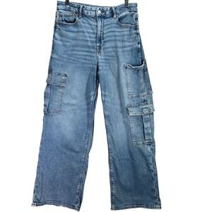 American Eagle Curvy Super High Rise Baggy Wide Leg Cargo Jeans sz 10 Light Wash
